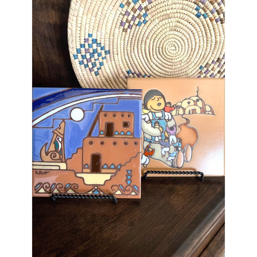 Pair Vintage Earthtones 1999 SW Style Clay Tiles/Trivets Made in Arizona USA‎
